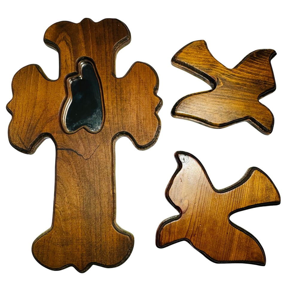 Solid Wood‎ Cross w/ Mirror and 2 Dove Religious Folk Art Rustic Artisan Whimsy